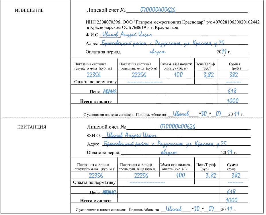 Образцы квитанций об оплате для физических лиц за электроэнергию